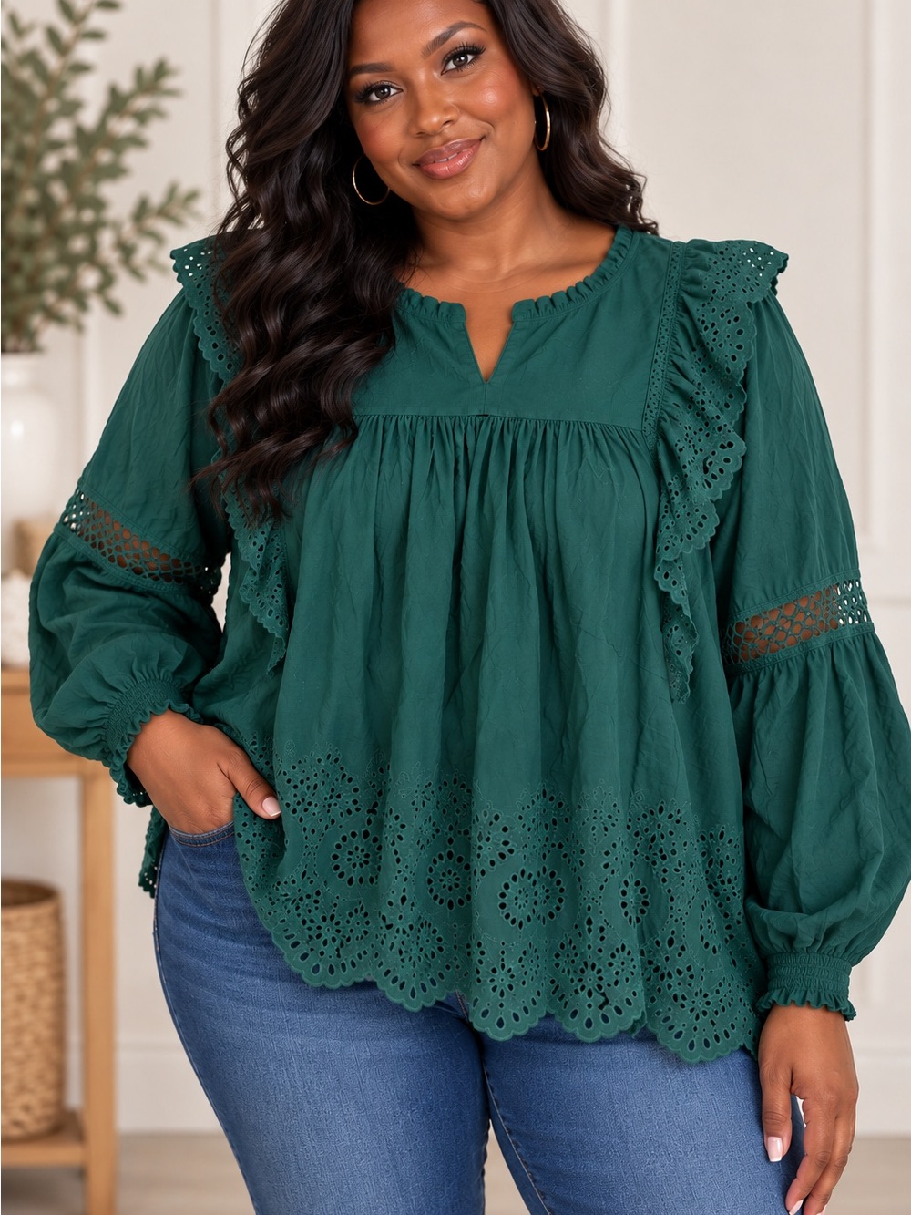 Knox Rose XXL Green Eyelet Embroidered Boho Babydoll Blouse Long Sleeve